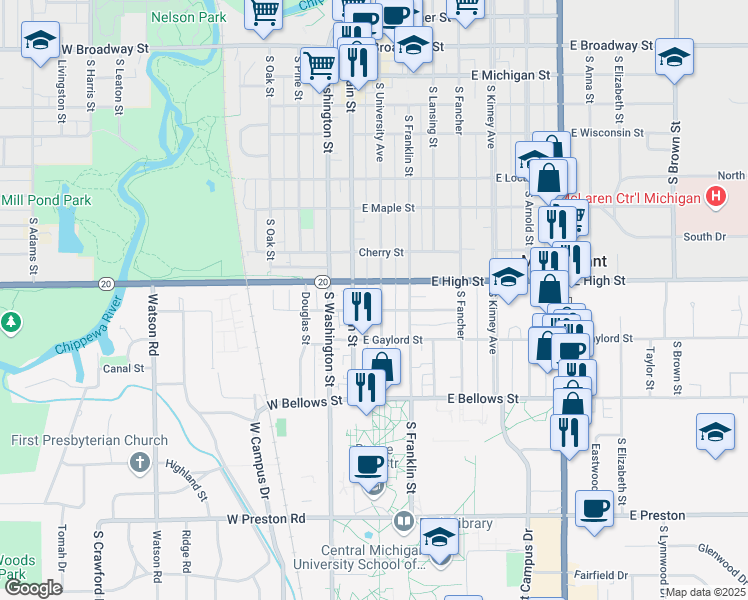map of restaurants, bars, coffee shops, grocery stores, and more near 810 South University Avenue in Mount Pleasant
