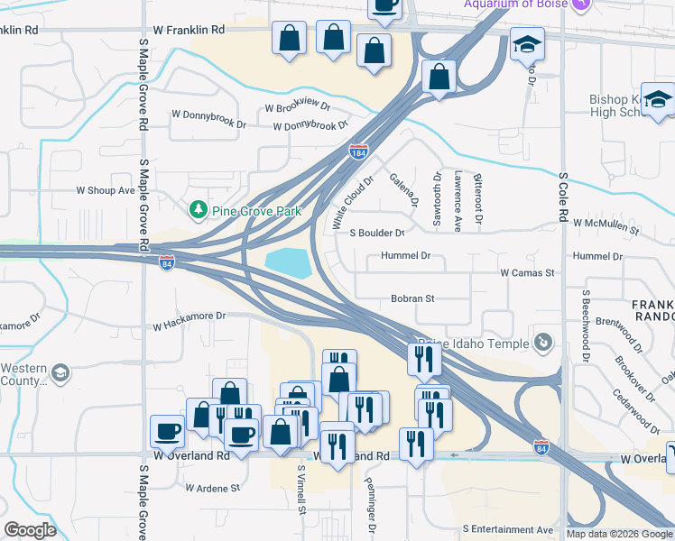map of restaurants, bars, coffee shops, grocery stores, and more near 963 South Milwaukee Street in Boise