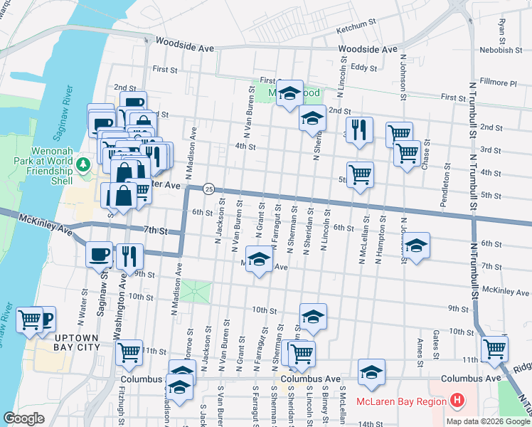 map of restaurants, bars, coffee shops, grocery stores, and more near 620 North Grant Street in Bay City