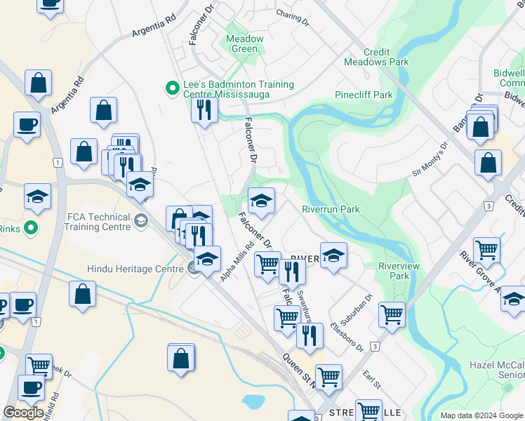 map of restaurants, bars, coffee shops, grocery stores, and more near 40 Plainsman Road in Mississauga