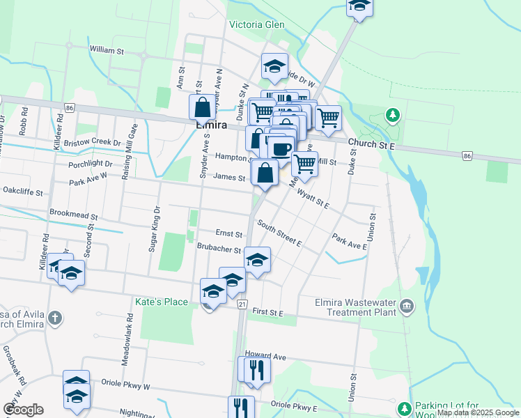 map of restaurants, bars, coffee shops, grocery stores, and more near 91 Arthur Street South in Elmira