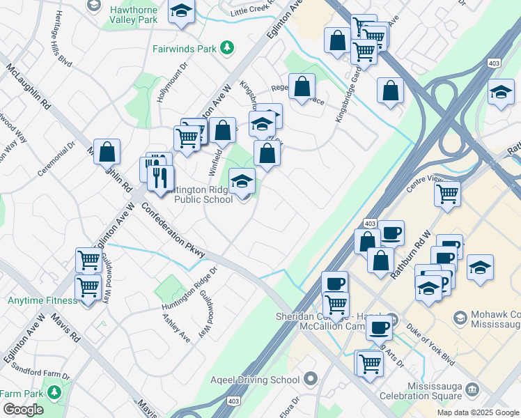 map of restaurants, bars, coffee shops, grocery stores, and more near 330 Huntington Ridge Drive in Mississauga