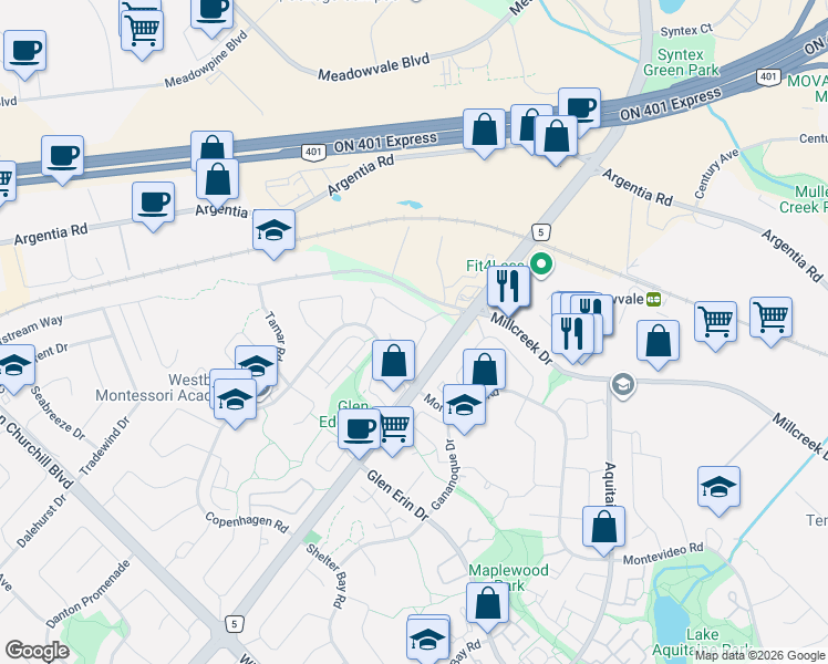 map of restaurants, bars, coffee shops, grocery stores, and more near 6977 Cadiz Crescent in Mississauga