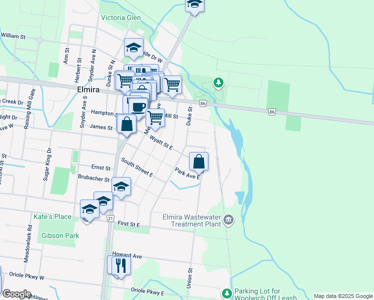 map of restaurants, bars, coffee shops, grocery stores, and more near 3 Erb Street in Elmira
