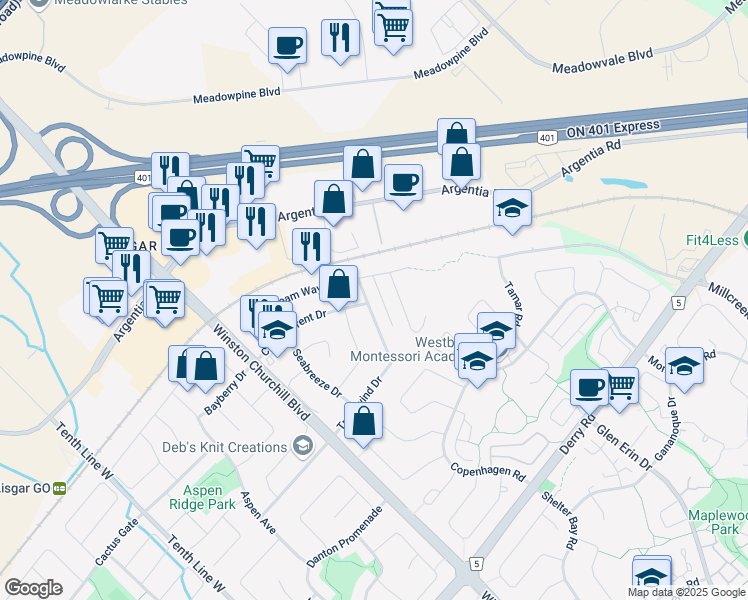 map of restaurants, bars, coffee shops, grocery stores, and more near 2812 Tradewind Drive in Mississauga