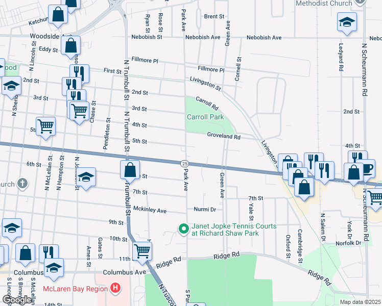 map of restaurants, bars, coffee shops, grocery stores, and more near 101 Maplewood Court in Bay City