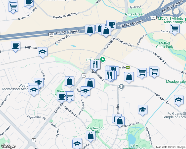 map of restaurants, bars, coffee shops, grocery stores, and more near 7011 Estoril Road in Mississauga