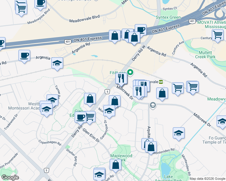 map of restaurants, bars, coffee shops, grocery stores, and more near 7011 Estoril Road in Mississauga