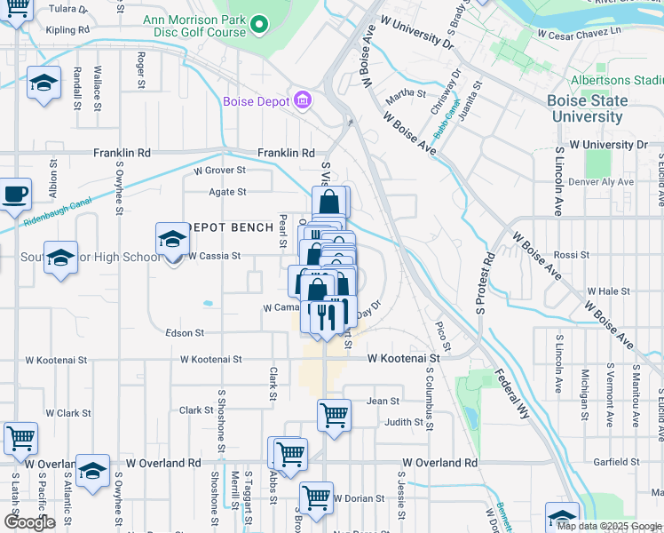 map of restaurants, bars, coffee shops, grocery stores, and more near 2648 Wymer Street in Boise