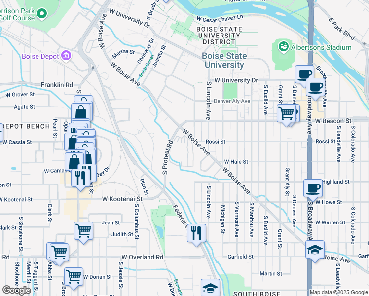 map of restaurants, bars, coffee shops, grocery stores, and more near 1837 West Boise Avenue in Boise