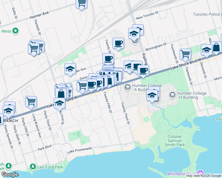 map of restaurants, bars, coffee shops, grocery stores, and more near 3261A Lake Shore Boulevard West in Toronto