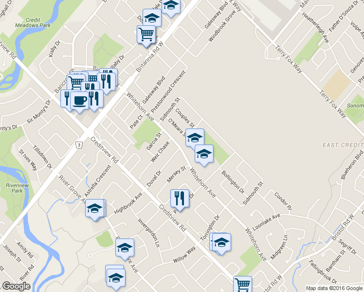map of restaurants, bars, coffee shops, grocery stores, and more near 5817 Whitehorn Avenue in Mississauga