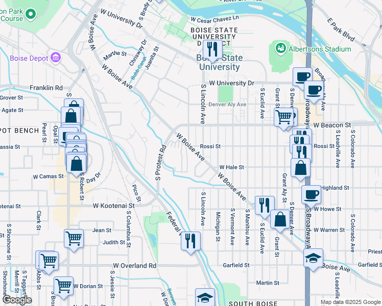 map of restaurants, bars, coffee shops, grocery stores, and more near 1650 Reinhart Drive in Boise
