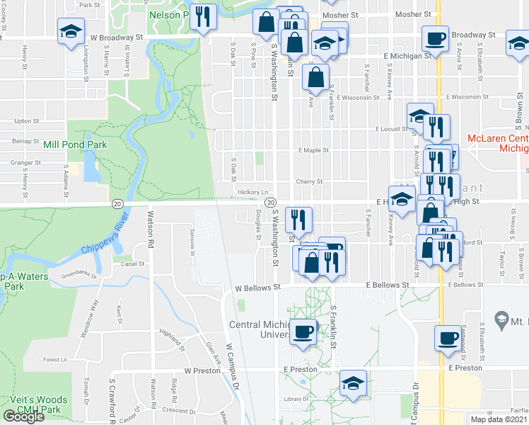 map of restaurants, bars, coffee shops, grocery stores, and more near 807 Douglas Street in Mount Pleasant