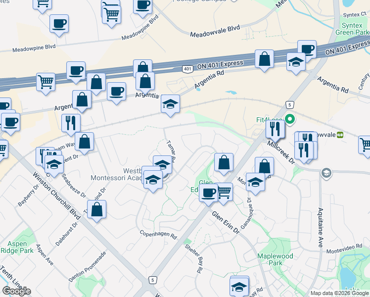 map of restaurants, bars, coffee shops, grocery stores, and more near 7217 Fayette Circle in Mississauga