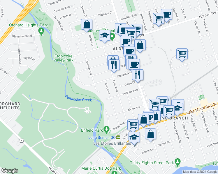 map of restaurants, bars, coffee shops, grocery stores, and more near 73 Gort Avenue in Toronto