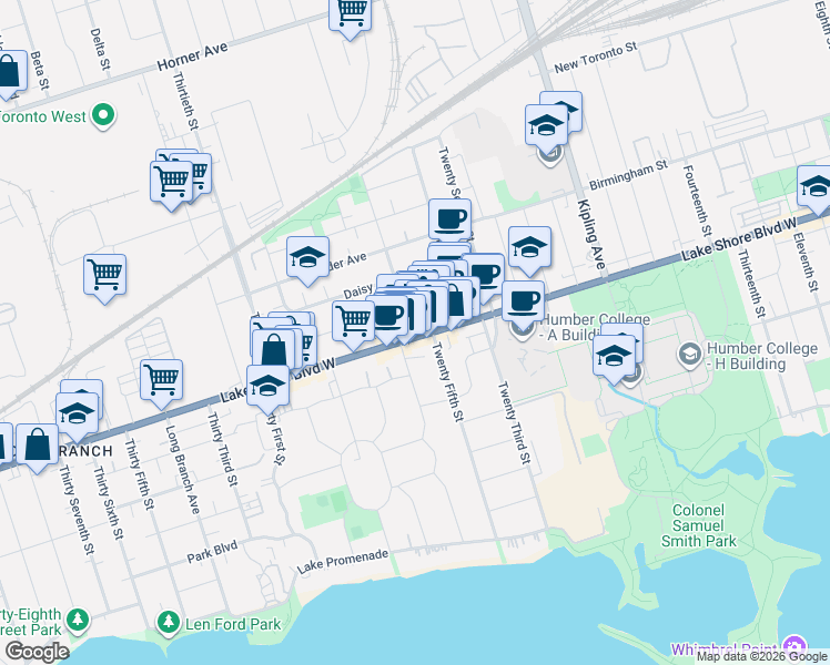 map of restaurants, bars, coffee shops, grocery stores, and more near 3 Twenty Sixth Street in Toronto