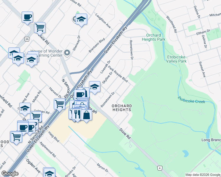 map of restaurants, bars, coffee shops, grocery stores, and more near 1448 Glenwatson Drive in Mississauga