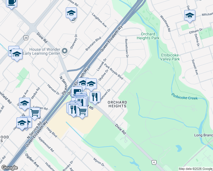 map of restaurants, bars, coffee shops, grocery stores, and more near 1448 Glenwatson Drive in Mississauga