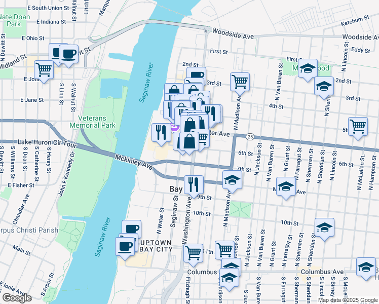 map of restaurants, bars, coffee shops, grocery stores, and more near 623 Washington Avenue in Bay City