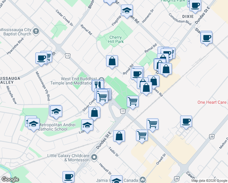map of restaurants, bars, coffee shops, grocery stores, and more near 3095 Cawthra Road in Mississauga