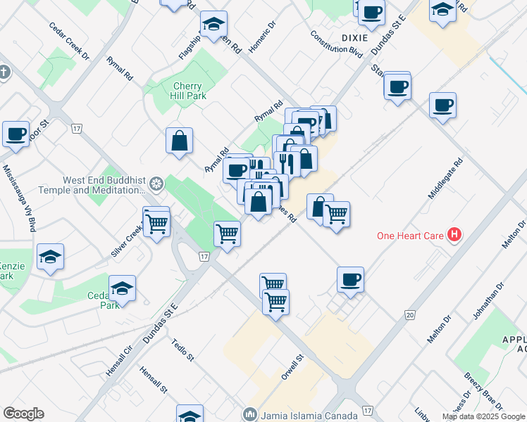 map of restaurants, bars, coffee shops, grocery stores, and more near 120 Dundas Street East in Mississauga