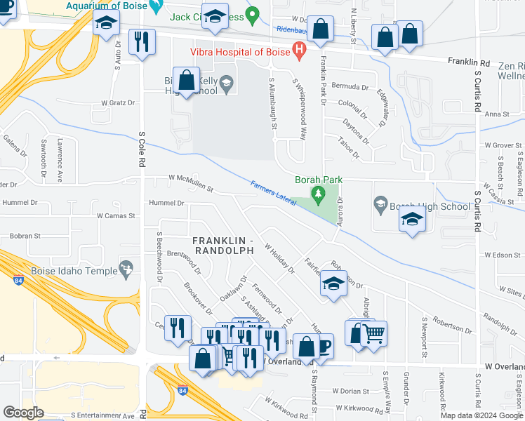 map of restaurants, bars, coffee shops, grocery stores, and more near 6821 West Randolph Drive in Boise
