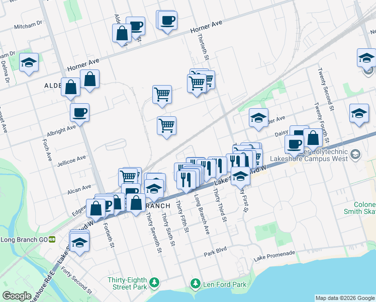 map of restaurants, bars, coffee shops, grocery stores, and more near 145 Long Branch Avenue in Toronto
