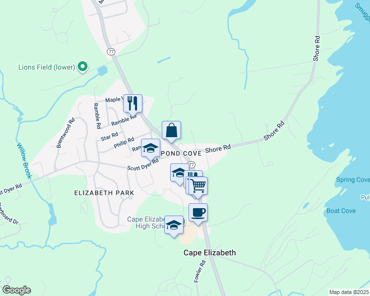 map of restaurants, bars, coffee shops, grocery stores, and more near 280 Ocean House Road in Cape Elizabeth
