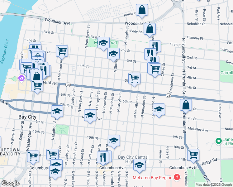 map of restaurants, bars, coffee shops, grocery stores, and more near 1213 Center Avenue in Bay City