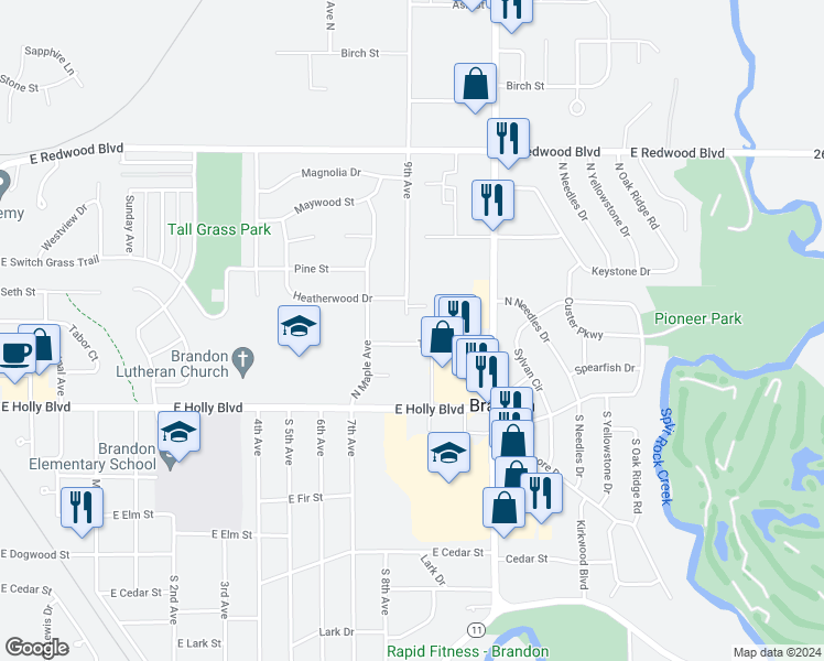 map of restaurants, bars, coffee shops, grocery stores, and more near 1021 Heatherwood Drive in Brandon