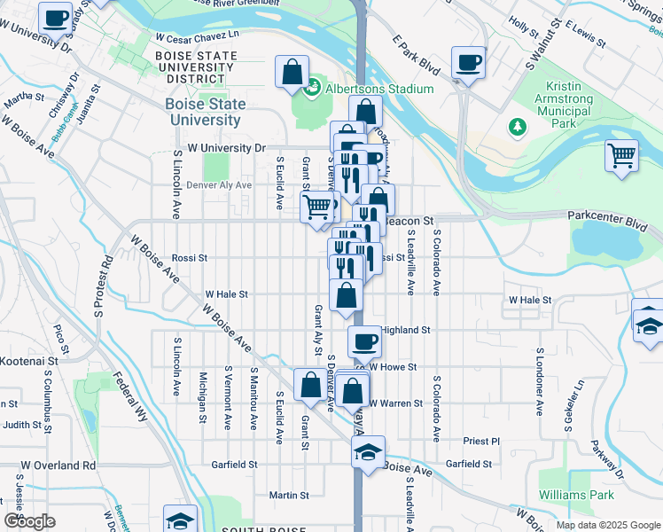 map of restaurants, bars, coffee shops, grocery stores, and more near 1321 South Denver Avenue in Boise