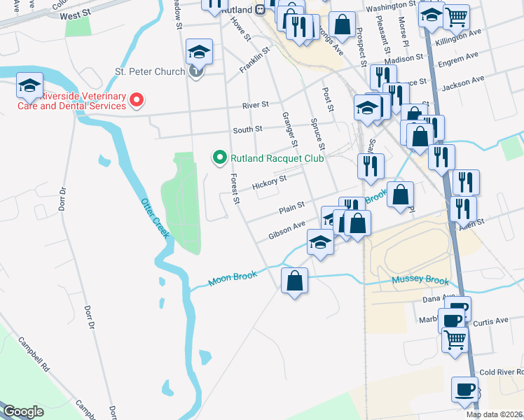 map of restaurants, bars, coffee shops, grocery stores, and more near 107 Plain Street in Rutland