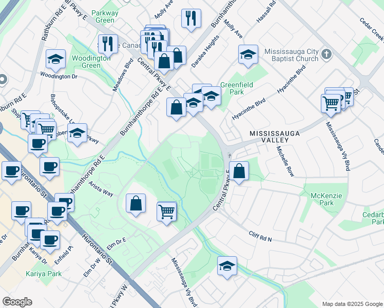 map of restaurants, bars, coffee shops, grocery stores, and more near 1275 Mississauga Valley Boulevard in Mississauga