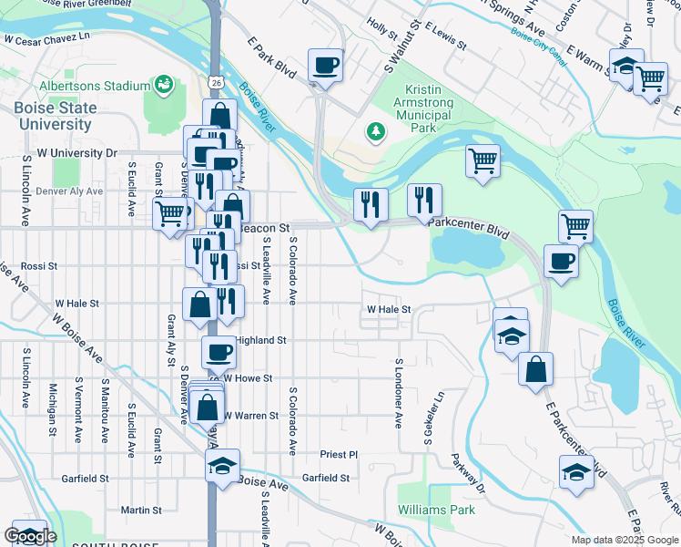 map of restaurants, bars, coffee shops, grocery stores, and more near 475 West Parkcenter Boulevard in Boise