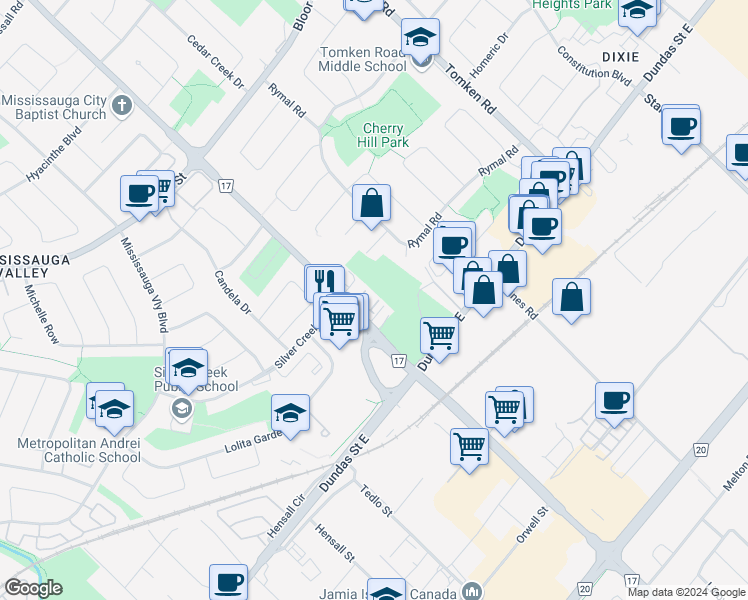 map of restaurants, bars, coffee shops, grocery stores, and more near 3095 Cawthra Road in Mississauga