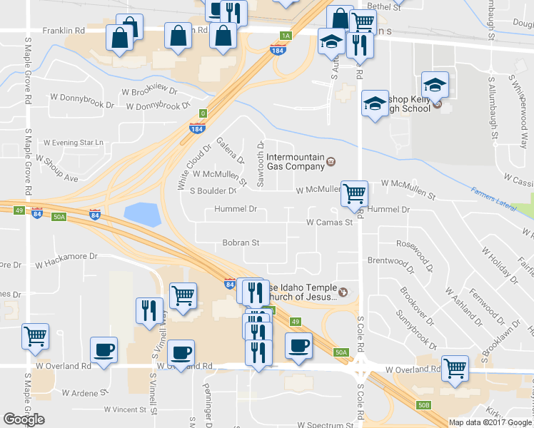 map of restaurants, bars, coffee shops, grocery stores, and more near 7854 Hummel Drive in Boise