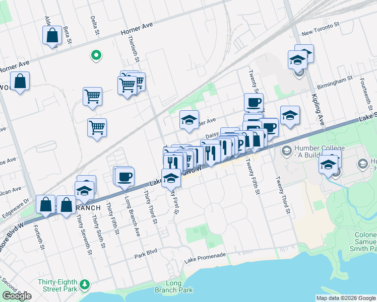 map of restaurants, bars, coffee shops, grocery stores, and more near 19 Twenty Ninth Street in Toronto