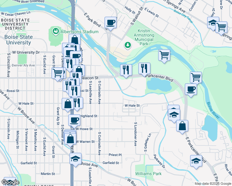 map of restaurants, bars, coffee shops, grocery stores, and more near 475 West Parkcenter Boulevard in Boise