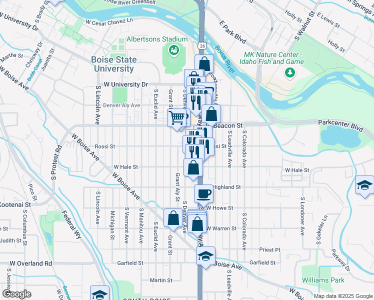 map of restaurants, bars, coffee shops, grocery stores, and more near 1219 Broadway Avenue in Boise