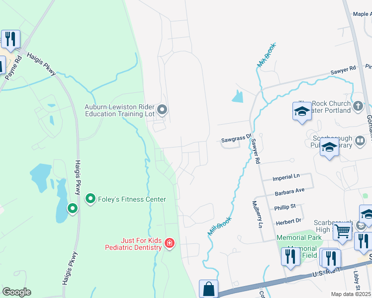 map of restaurants, bars, coffee shops, grocery stores, and more near Scarborough Downs Road in Scarborough