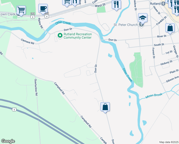 map of restaurants, bars, coffee shops, grocery stores, and more near 149 Dorr Drive in Rutland