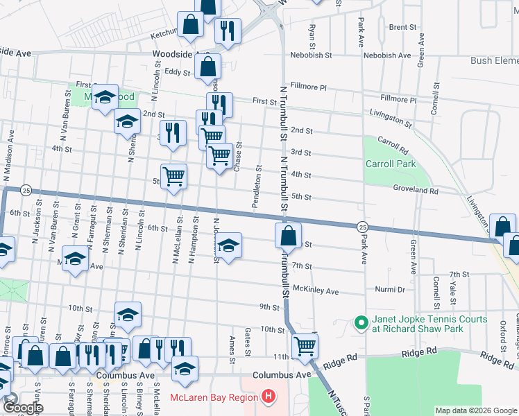map of restaurants, bars, coffee shops, grocery stores, and more near 1916 5th Street in Bay City