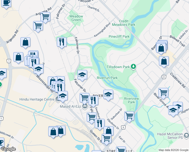 map of restaurants, bars, coffee shops, grocery stores, and more near 31 Plainsman Road in Mississauga