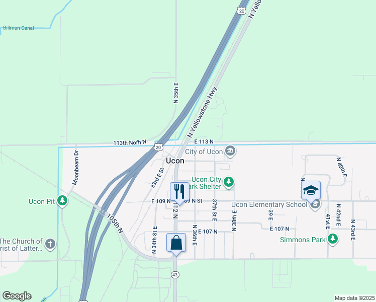 map of restaurants, bars, coffee shops, grocery stores, and more near in Ucon