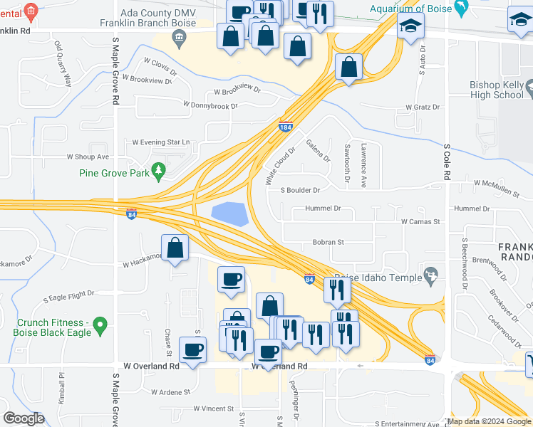 map of restaurants, bars, coffee shops, grocery stores, and more near 853 White Cloud Drive in Boise