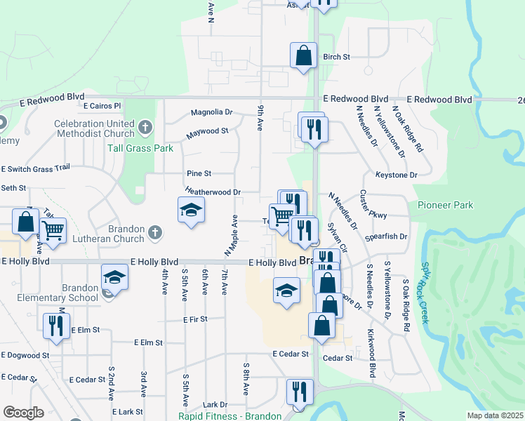 map of restaurants, bars, coffee shops, grocery stores, and more near 1100 Teakwood Street in Brandon