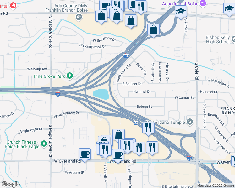 map of restaurants, bars, coffee shops, grocery stores, and more near 855 White Cloud Drive in Boise