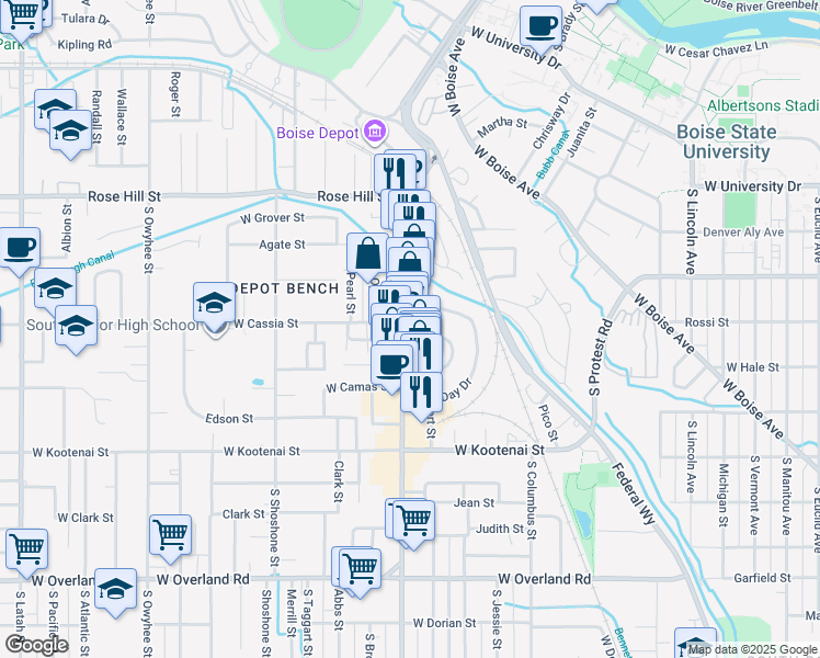 map of restaurants, bars, coffee shops, grocery stores, and more near 812 South Vista Avenue in Boise