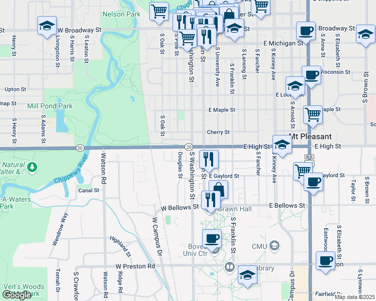 map of restaurants, bars, coffee shops, grocery stores, and more near 802 South Washington Street in Mount Pleasant
